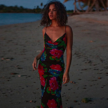 Vintage Style Floral Printed Cowl Neck Slip Maxi Dress - Black