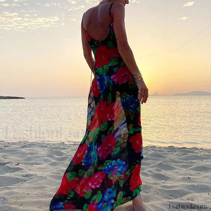 Vintage Style Floral Printed Cowl Neck Slip Maxi Dress - Black