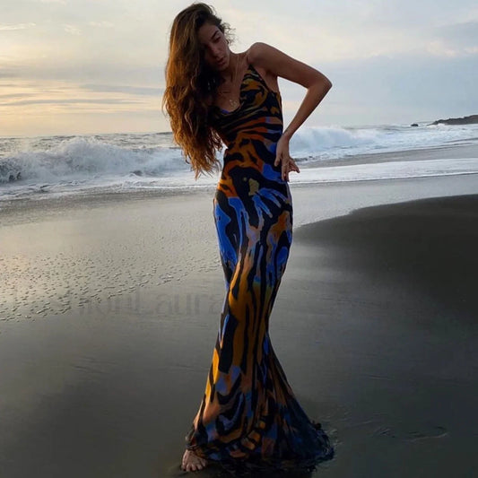 Vintage Style Striped Printed Cowl Neck Slip Maxi Dress - Black