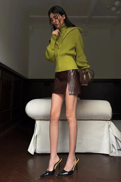 VintageTwo-in-one Solid Wide Lapel Zipper Sweater