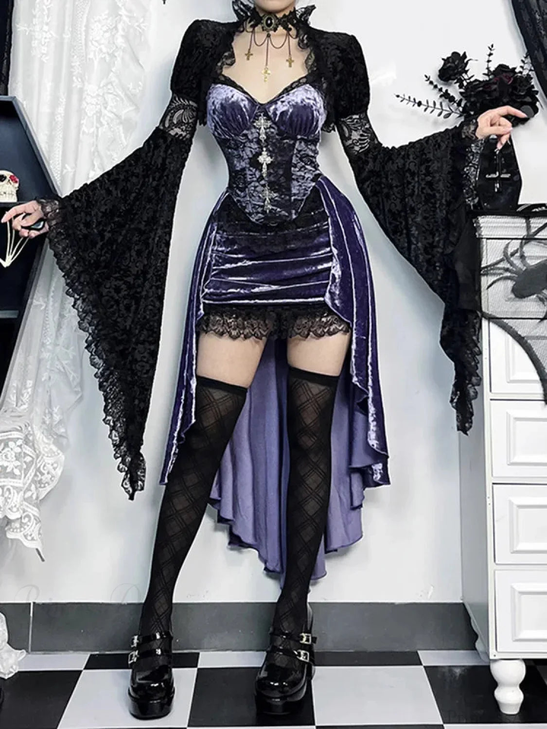 Violet Lace Cross Bodice Midi Dress