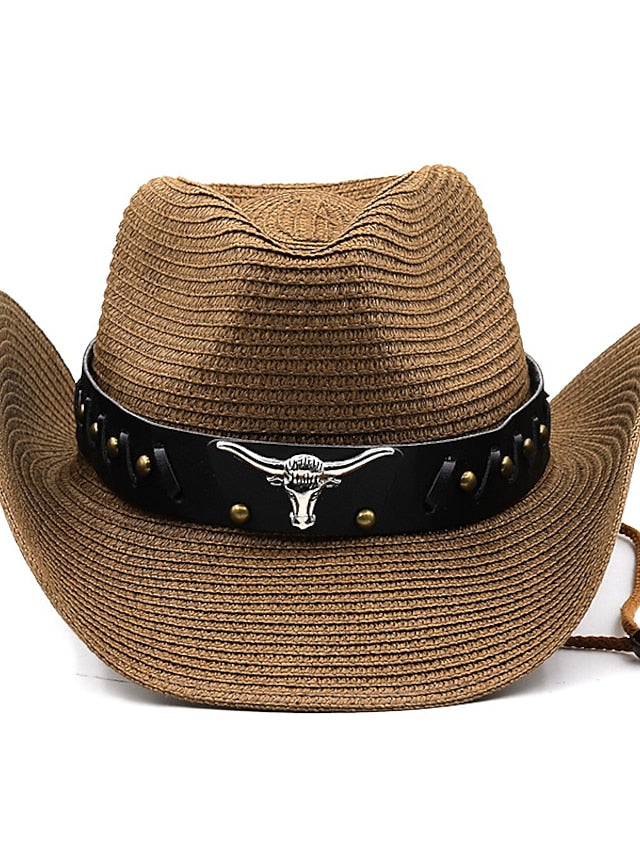 Ethnic Style Hat Cowboy Men Straw Panama Hat Belt Cow Decorate Wide Brimmed Hats For Summer Khaki Women Hat New Arrival for Women