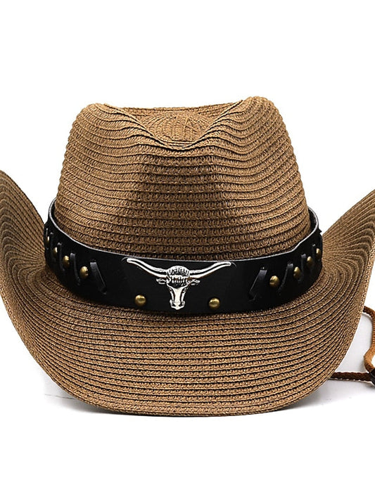 Ethnic Style Hat Cowboy Men Straw Panama Hat Belt Cow Decorate Wide Brimmed Hats For Summer Khaki Women Hat New Arrival for Women