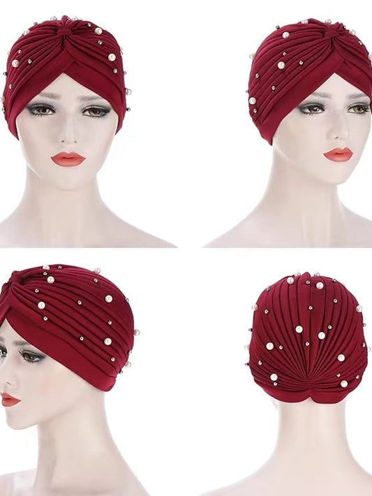 Boutique Solid Folds Pearl Muslim Turban Scarf Women Elastic Islamic Inner Hijab Caps Arab Wrap Head Femme Musulman Turbante for Women