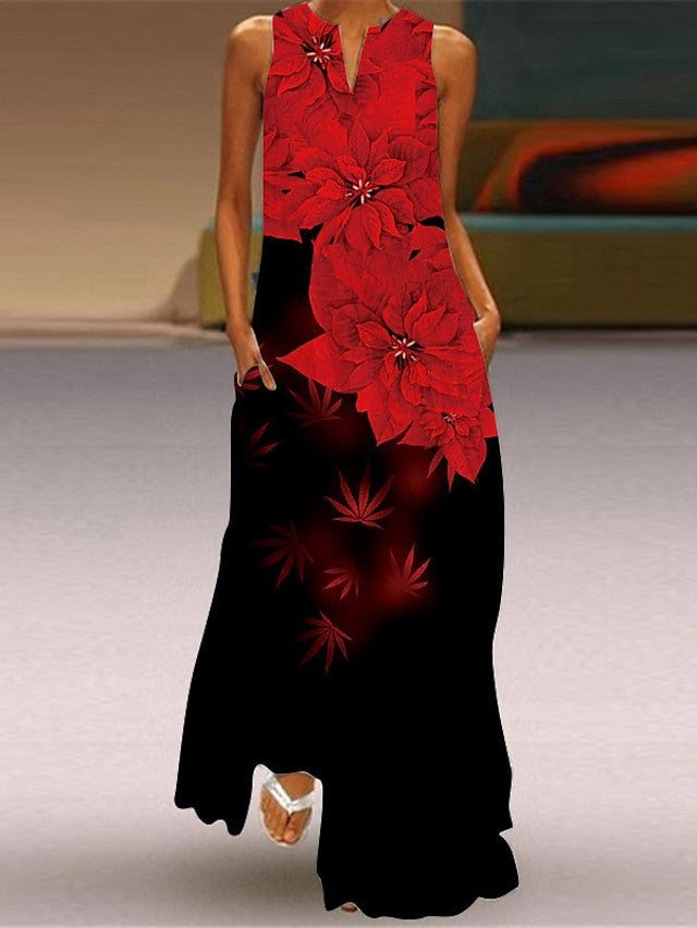 A Line Dress Long Dress Maxi Dress Black White Pink Sleeveless Floral Pocket Spring Summer Crew Neck Stylish  S M L XL XXL 3XL 4XL 5XL for Women