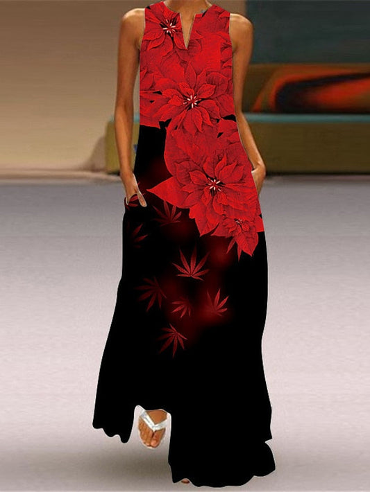 A Line Dress Long Dress Maxi Dress Black White Pink Sleeveless Floral Pocket Spring Summer Crew Neck Stylish  S M L XL XXL 3XL 4XL 5XL for Women