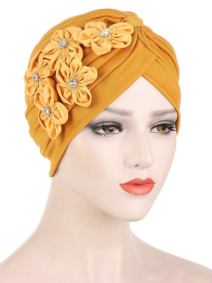 Elegant Women Five Flowers Turban Caps Muslim Elastic Crystal Party Headscarf Bonnet Ladies Hair Accessories Indian Cap for Women