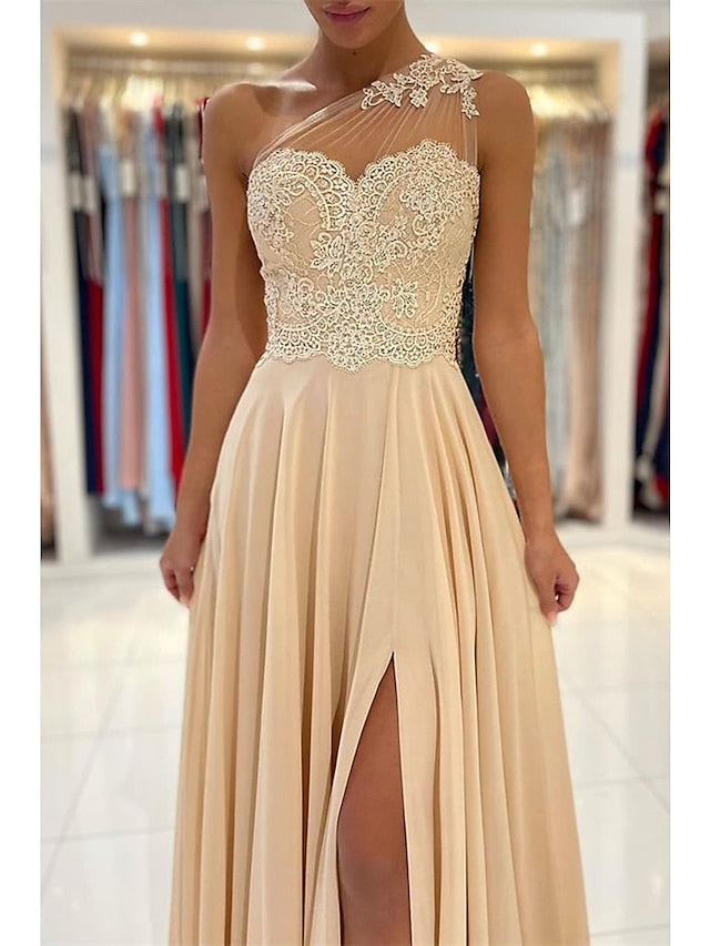 A-Line Prom Dresses Sexy Dress Formal Court Train Sleeveless One Shoulder Chiffon with Slit Appliques 2023