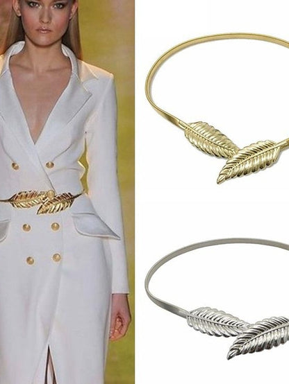 Skinny Belt Nylon Metal Bucke Leaf Decor Classic Wedding Party Silver Golden 2# leaves Silver 2# leaves Gold for Women