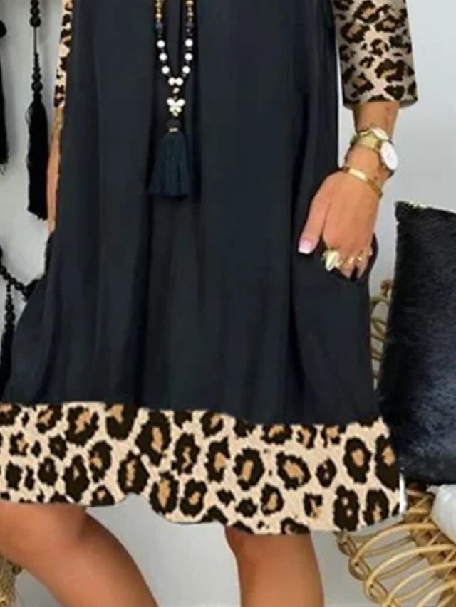 A Line Dress Knee Length Dress Black Long Sleeve Leopard Patchwork Summer Spring V Neck Casual Winter Dress Fall Dress Loose Fit  S M L XL XXL 3XL for Women