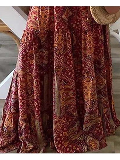 A Line Dress Maxi long Dress Red 3/4 Length Sleeve Print Summer Spring Fall  V Neck Casual  3XL for Women