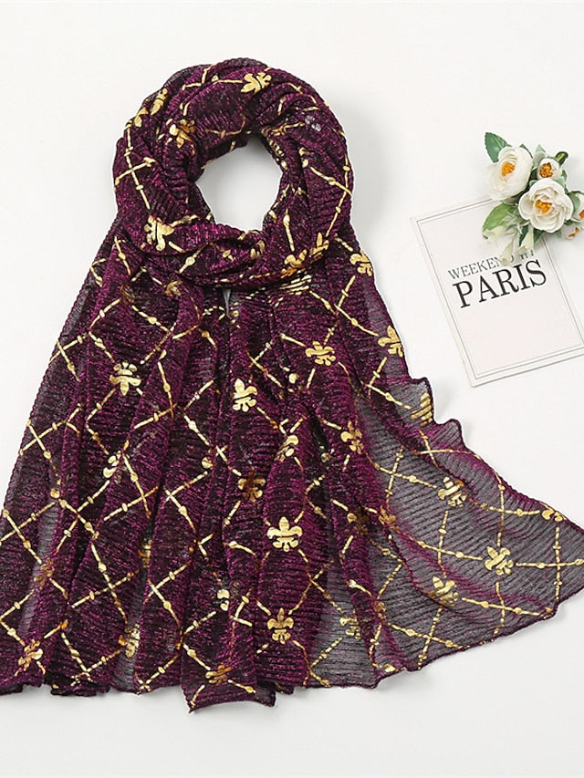 Long Style Plaid Scarf Women Shimmer Hijab Gold Shiny Shawl Glitter Headband Female Muslim Hijab for Women