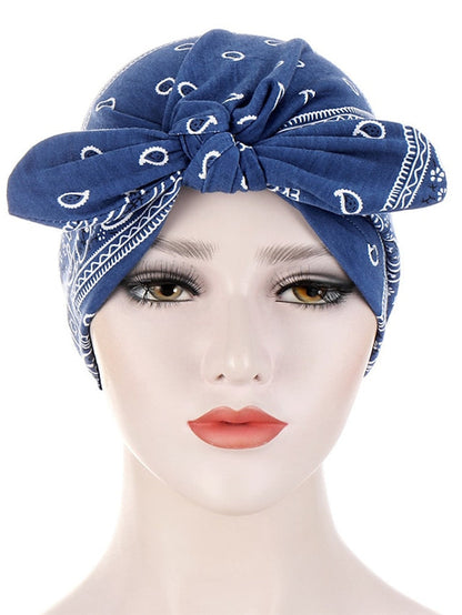 6 Colors New Fashion Bandanas Women Print Knotted Twist Turban Hat Twist Hijab Bonnet Cap India Hat Rabbit Ear Headband Muslim Hijab for Women