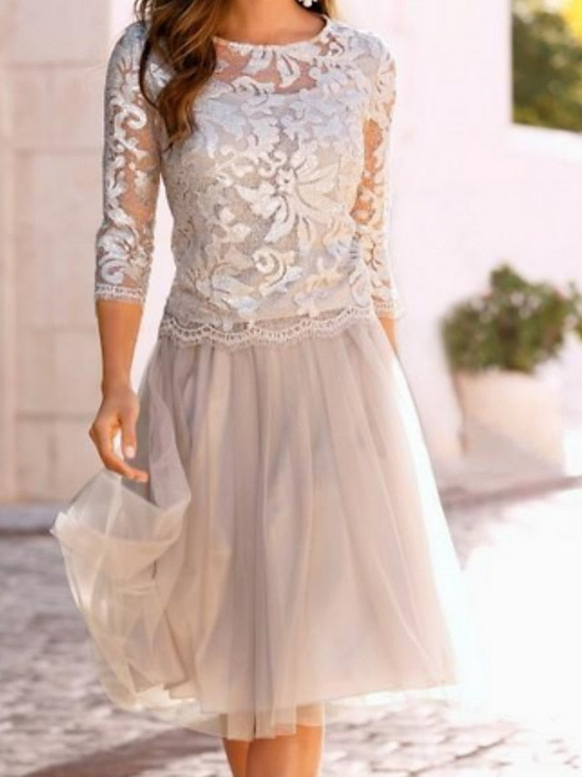 A-Line Mother of the Bride Dress Wedding Guest Elegant See Through Jewel Neck Knee Length Chiffon Lace Tulle 3/4 Length Sleeve with Pleats Appliques 2023