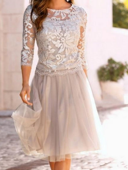 A-Line Mother of the Bride Dress Wedding Guest Elegant See Through Jewel Neck Knee Length Chiffon Lace Tulle 3/4 Length Sleeve with Pleats Appliques 2023