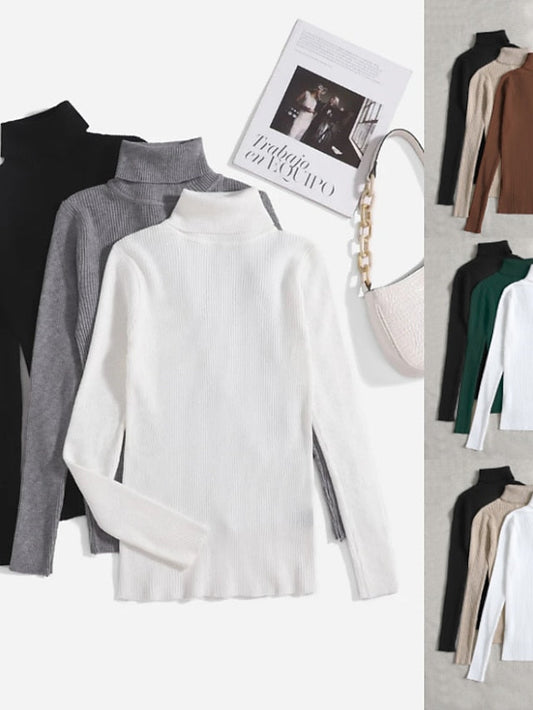 3 pieces Women's Pullover Sweater Jumper Ribbed Knit Knitted Thin Solid Color Turtleneck Basic Casual Daily Winter Fall Black White Gray Brown
