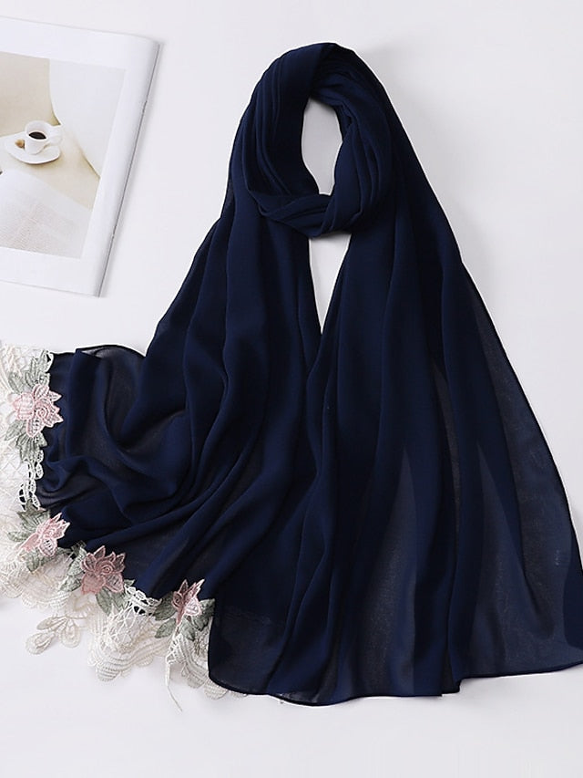 Sweet Style Muslim Lace Hijab Good Stitching Plain Scarf Premium Chiffon Scarf Shawl Islamic Soft Turban Head Wraps Headband for Women