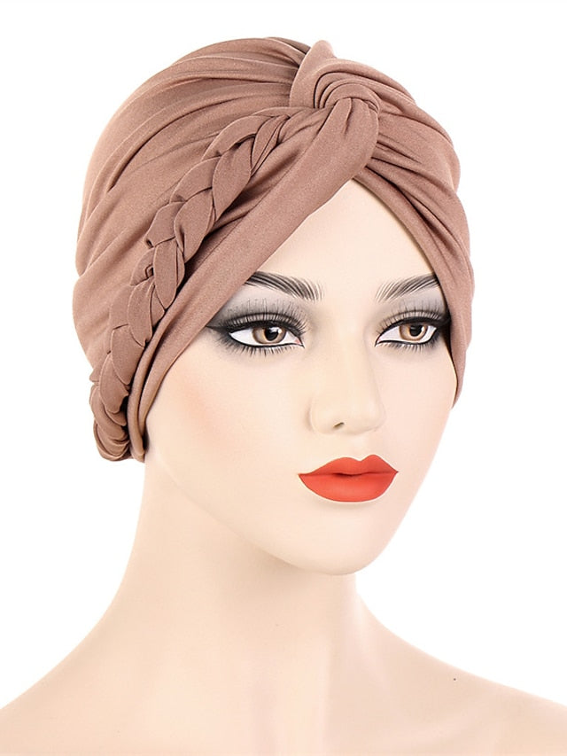 Women Lady Muslim Braid Head Turban Wrap Plain Color Islamic Arab Cap Hat Hair Loss Bonnet Beanies for Women