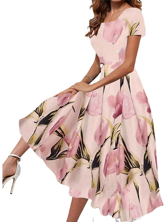 A Line Dress Knee Length Dress Pink Short Sleeve Floral Print Spring Summer Square Neck Elegant Vintage Loose  S M L XL XXL for Women