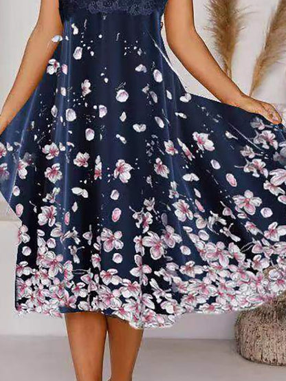 A Line Dress Midi Dress Navy Blue Short Sleeve Floral Print Spring Summer Crew Neck Elegant Modern  3XL for Women
