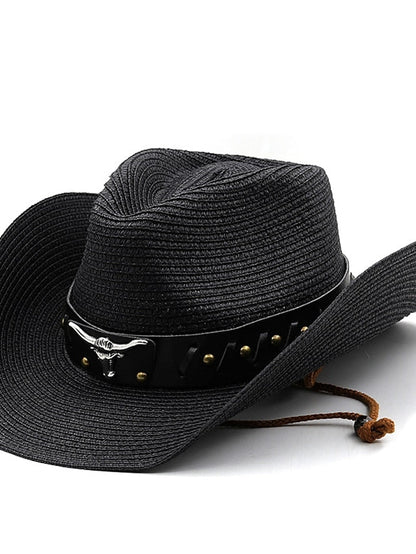 Ethnic Style Hat Cowboy Men Straw Panama Hat Belt Cow Decorate Wide Brimmed Hats For Summer Khaki Women Hat New Arrival for Women