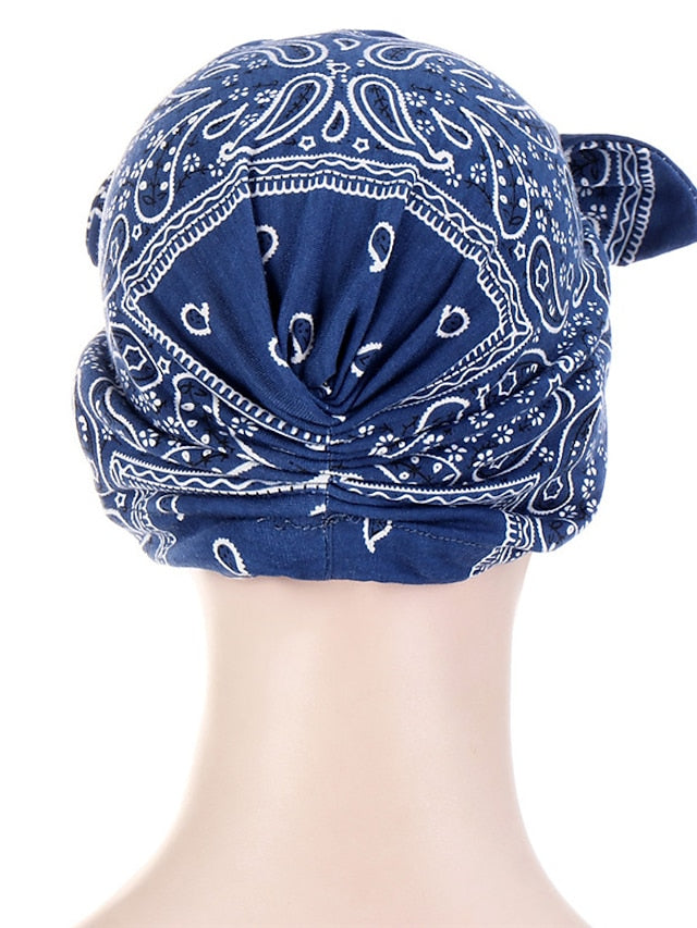 6 Colors New Fashion Bandanas Women Print Knotted Twist Turban Hat Twist Hijab Bonnet Cap India Hat Rabbit Ear Headband Muslim Hijab for Women