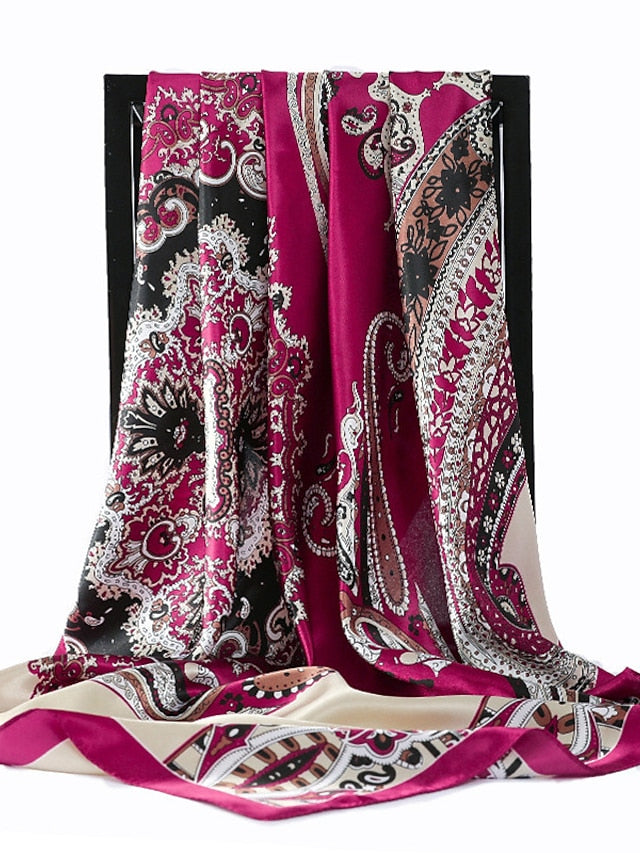 Vintage Flowers Square Scarf For Women Shawls Neckerchief Female Print Headband On the Head Wraps Foulard Hijab Hair Bands 90*90cm for Women