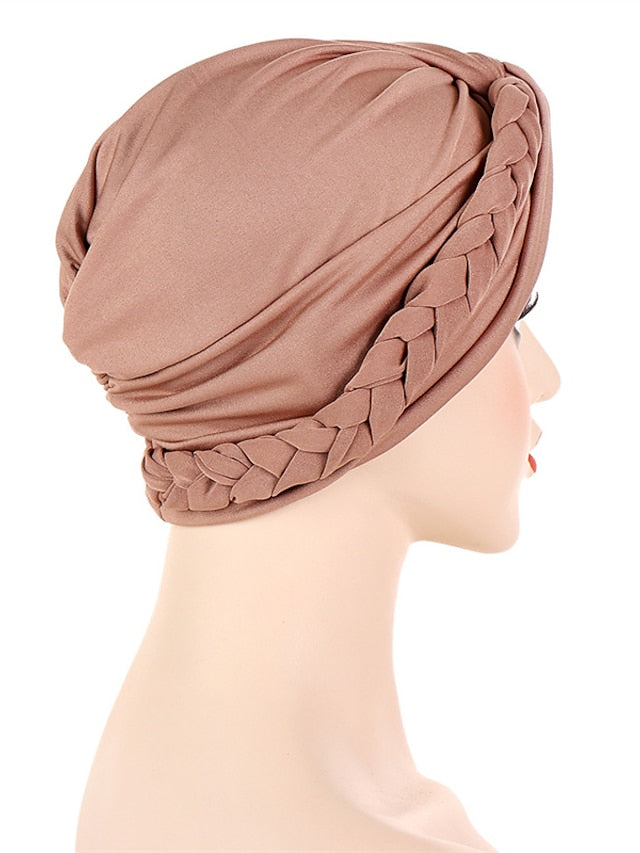 Women Lady Muslim Braid Head Turban Wrap Plain Color Islamic Arab Cap Hat Hair Loss Bonnet Beanies for Women