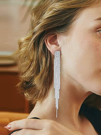 1Pair Mecresh Silver Rhinestone Crystal Bridal Chandelier Long Tassels Dangle Earrings for Wedding/Party Evening/Engagement for Women