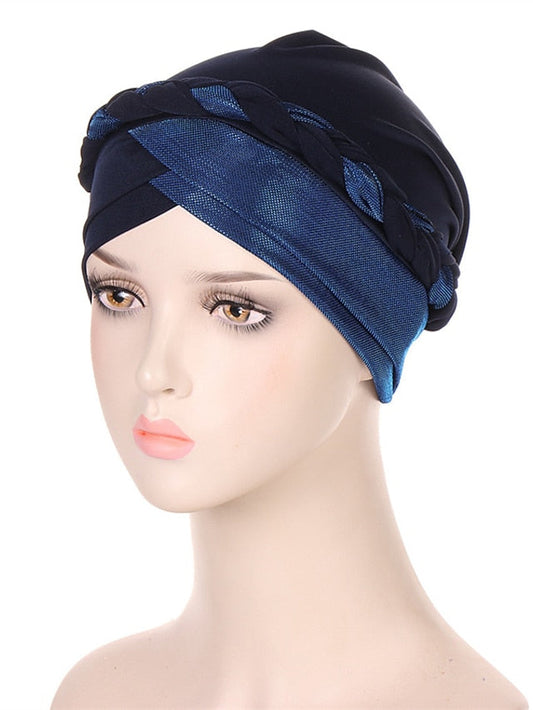 Muslim Turban Glitter Braids Women Forehead Cross Inner Hijab Islamic Head Wrap Arab Underscarf Bonnet Stretchy Cap for Women