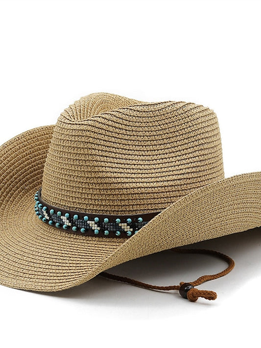 British Wind with Bead Leather Rope Cowgirl Summer Straw Hat for Women Men Western Cowboy Hat Lady Trendy Beach Sun Hat for Women