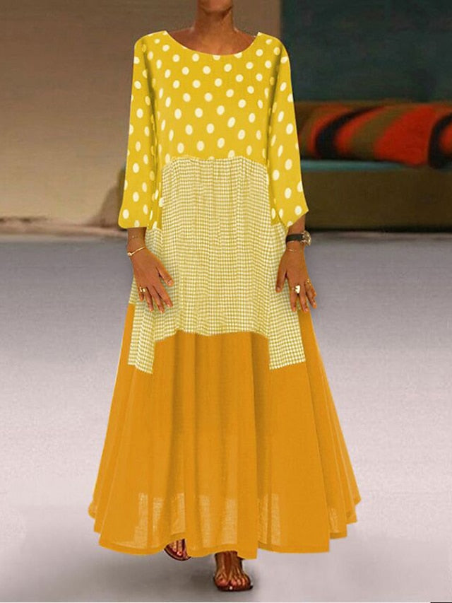 A Line Dress Maxi long Dress Black Yellow Red Long Sleeve Polka Dot Patchwork Summer Spring Crew Neck Hot Winter Dress Fall Dress Loose Fit  M L XL XXL 3XL 4XL 5XL for Women