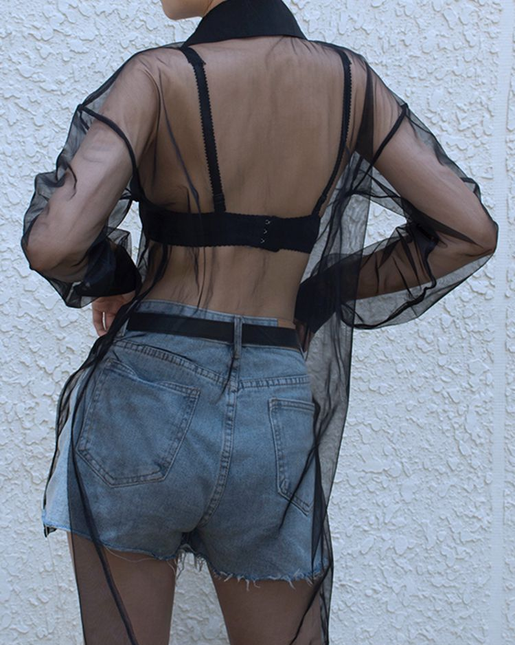 Lapel See-through Mini Solid Color Two-Piece Set