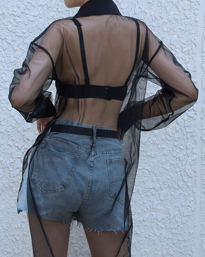 Lapel See-through Mini Solid Color Two-Piece Set