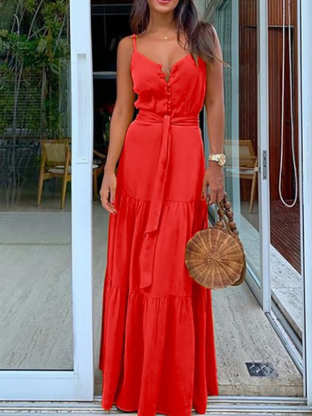 A Line Dress Long Dress Maxi Dress White Yellow Red Sleeveless Pure Color Print Spring Summer Spaghetti Strap Casual Slim  S M L XL XXL 3XL for Women