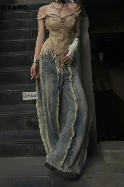 Washed Baggy Vintage Tassel Jeans