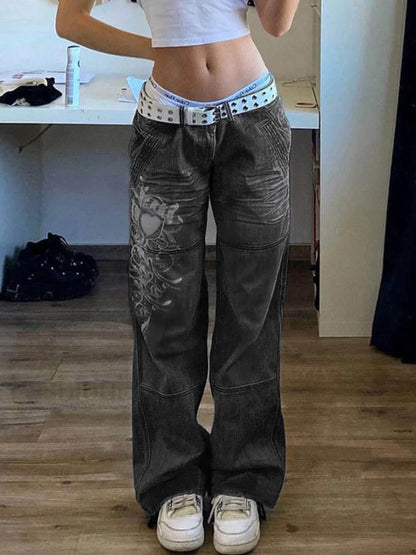 Washed Heart Pattern Cargo Jeans