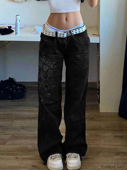 Washed Heart Pattern Cargo Jeans