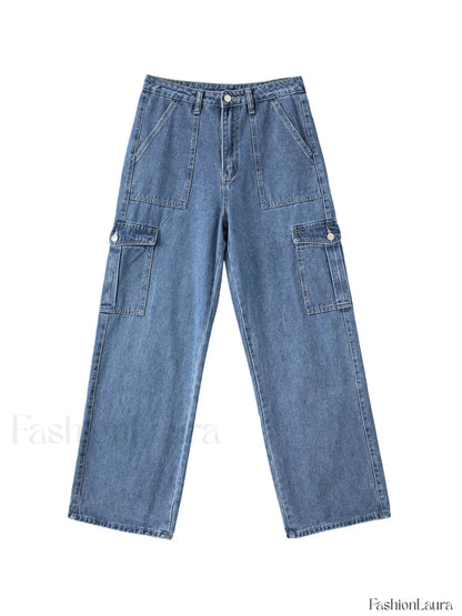 Washed Mid Waist Pocket Cargo Jeans