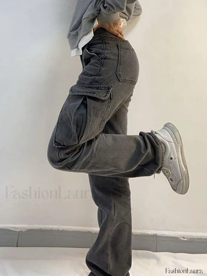 Washed Mid Waist Pocket Cargo Jeans