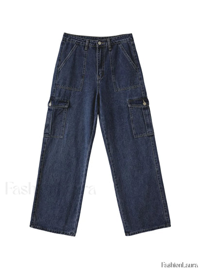 Washed Mid Waist Pocket Cargo Jeans