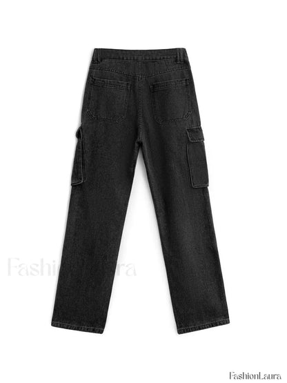 Washed Mid Waist Pocket Cargo Jeans