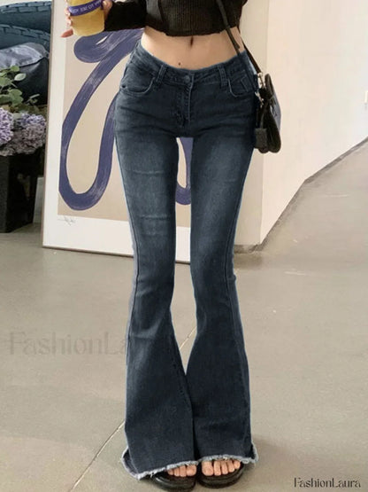 Washed Stretch Low Waist Flare Jeans