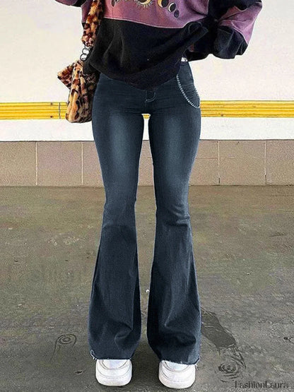 Washed Stretch Low Waist Flare Jeans
