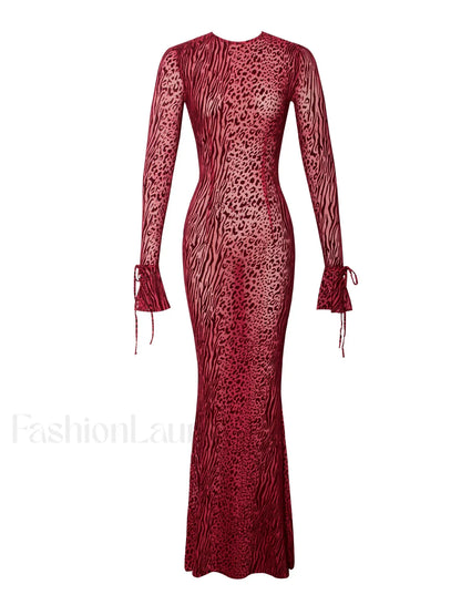Waylynn Burgundy Burnout Velvet Graceful Detail Mesh Backless Maxi Dress