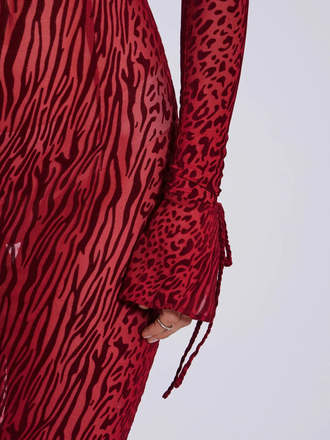 Waylynn Burgundy Burnout Velvet Graceful Detail Mesh Backless Maxi Dress