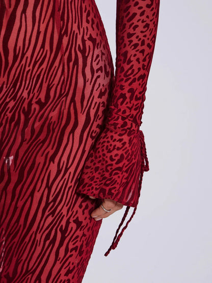 Waylynn Burgundy Burnout Velvet Graceful Detail Mesh Backless Maxi Dress