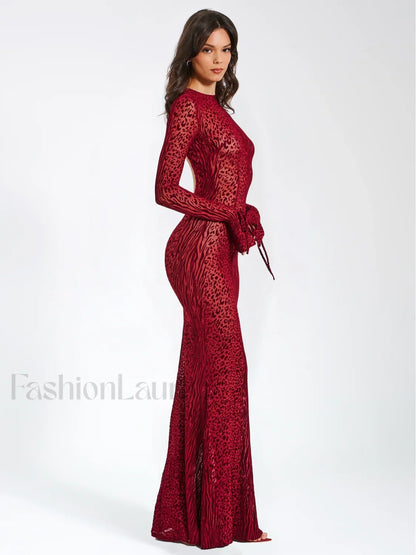 Waylynn Burgundy Burnout Velvet Graceful Detail Mesh Backless Maxi Dress