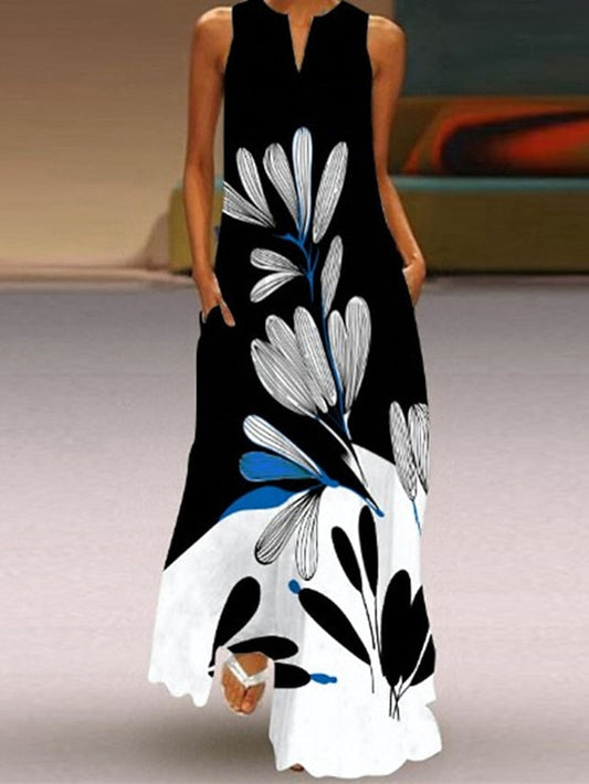 A Line Dress Maxi long Dress Black Sleeveless Floral Leopard Print Summer V Neck Stylish  5XL for Women