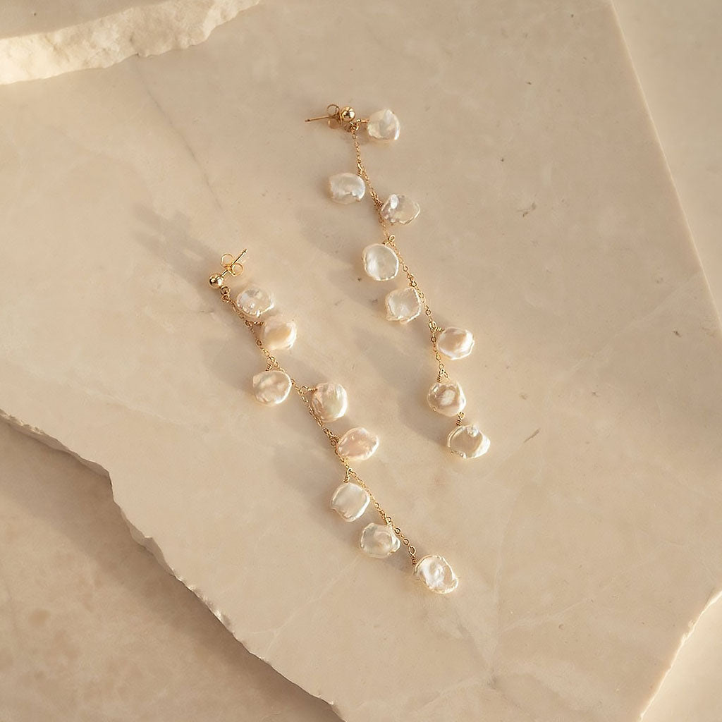 Baroque Petal Pearl Drop Earrings in 18K Gold Plated Cable Chain